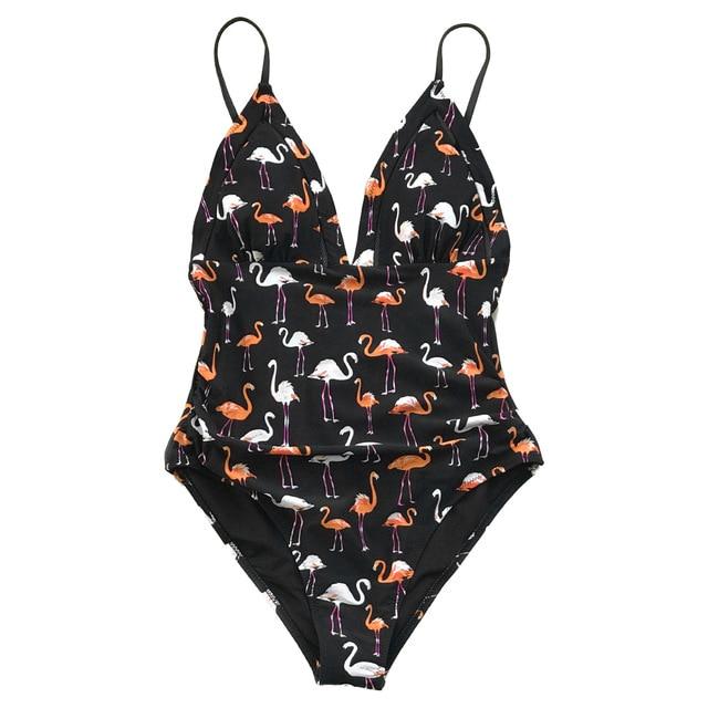 Black Flamingo Print Plunging One-Piece