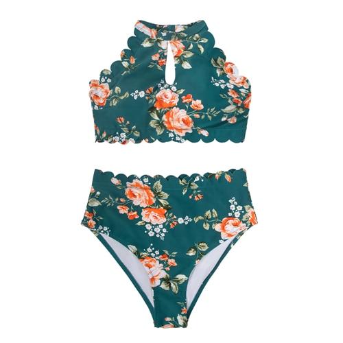 Green Floral Halter Bikini Set