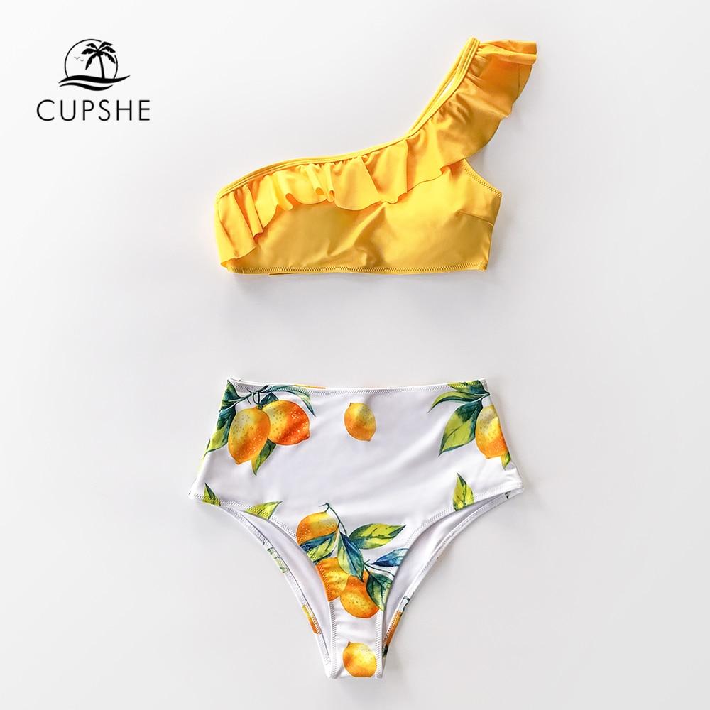 Yellow Lemon Print One Shoulder High-Waisted Bikini Set