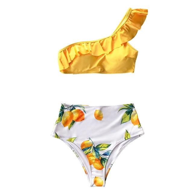 Yellow Lemon Print One Shoulder High-Waisted Bikini Set