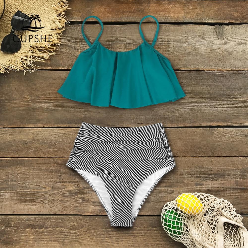 Green and Stripe High Waisted Bikini Set