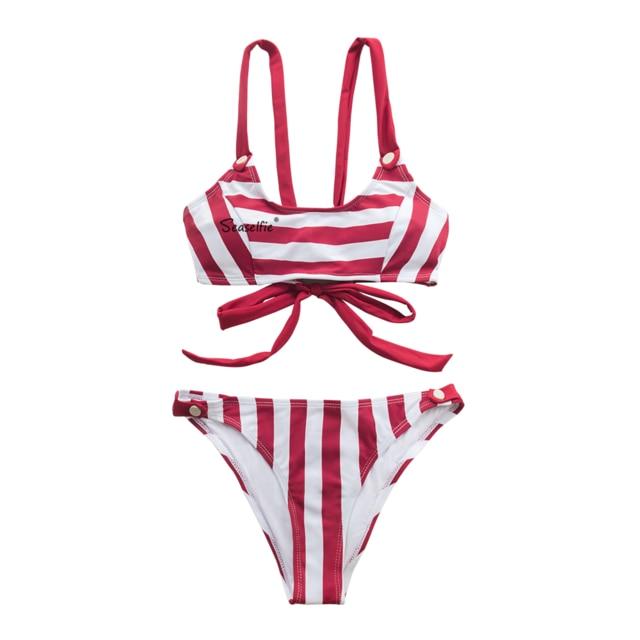 Red and White Stripe Low-Waisted Bikini Set