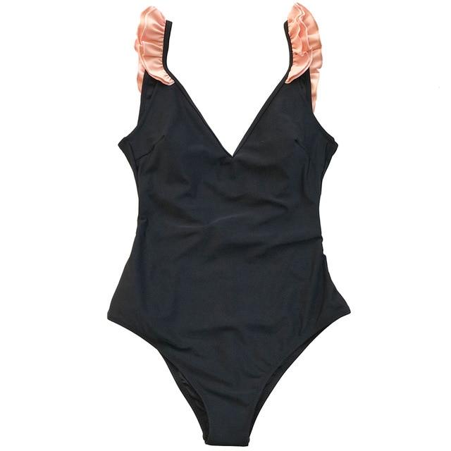 Black With Pink Ruffle One-Piece