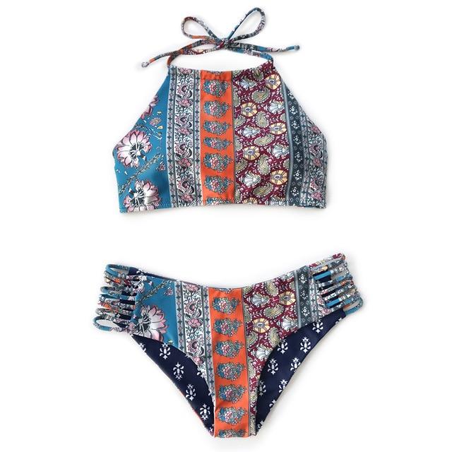 Boho Blue Print Halter Low-waist Bikini Set