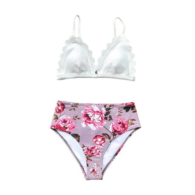 White and Pink Floral Scalloped High-waist Bikini