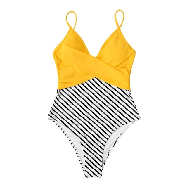 Yellow and Striped Twist V-neck One-Piece