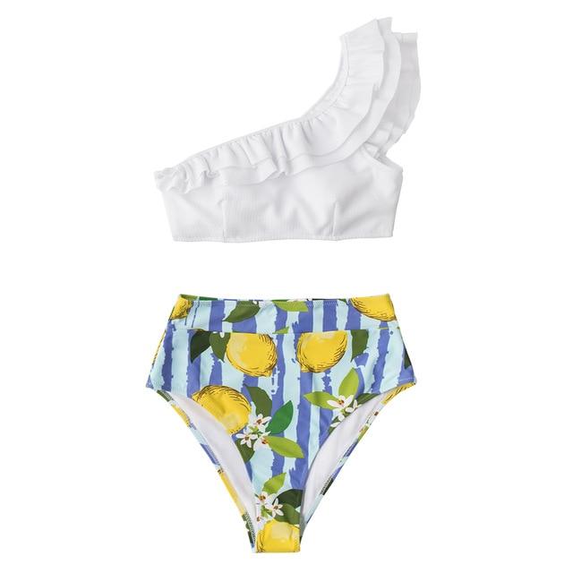 White and Lemon One Shoulder Bikini Set