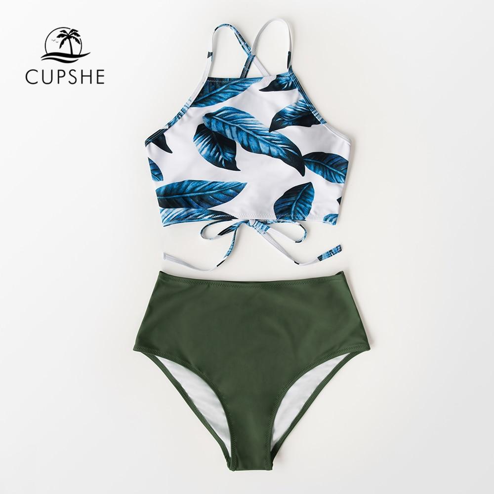 Blue Leaf and Green High-waist Bikini Set