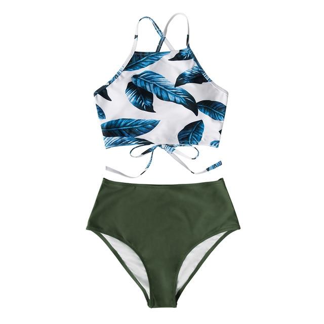 Blue Leaf and Green High-waist Bikini Set