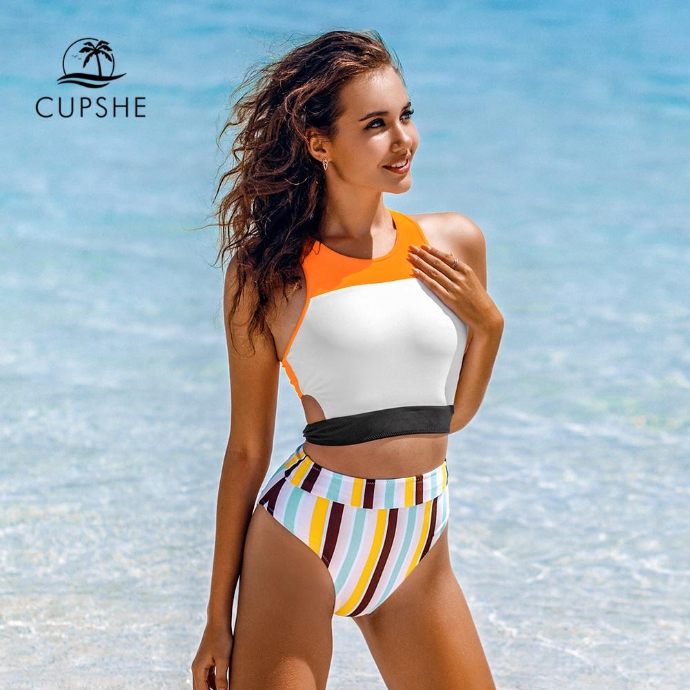 Orange White High Neck High-waist Bikini Set