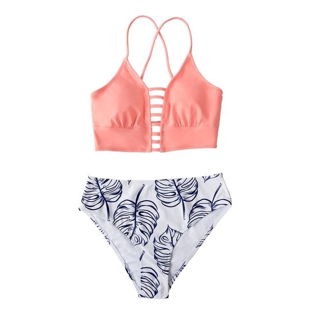 White and Leaves Print Mid-waist Bikini Set