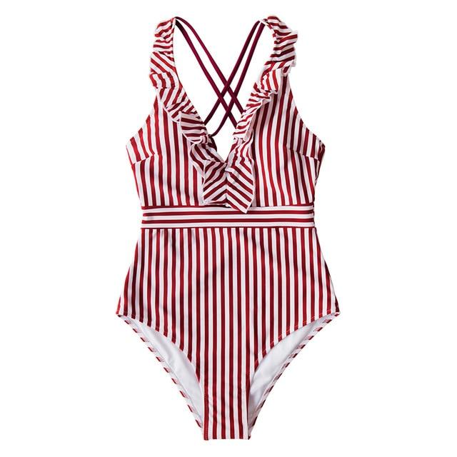 Green White Striped Ruffled One-Piece