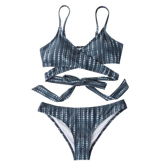 Blue Leaves Print Lace Up Low-waist Bikini Set