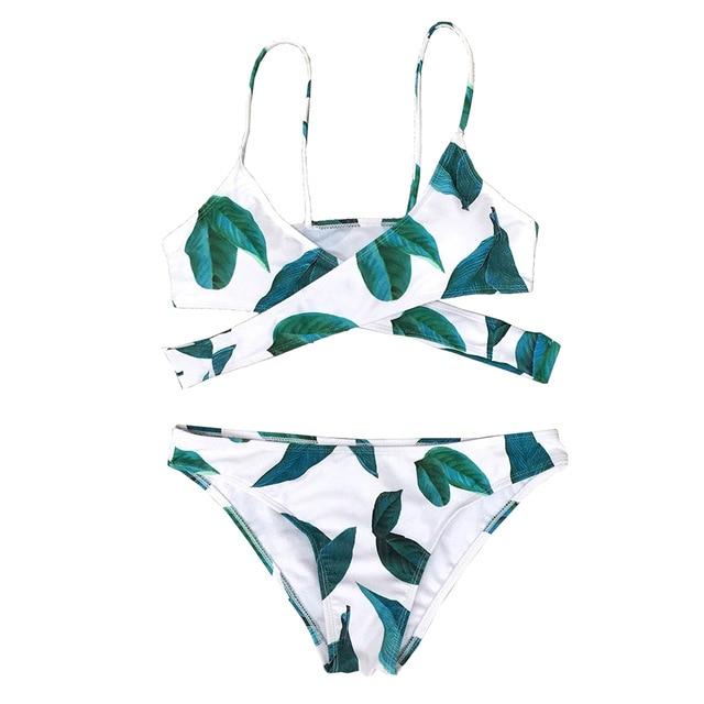 Blue Leaves Print Lace Up Low-waist Bikini Set