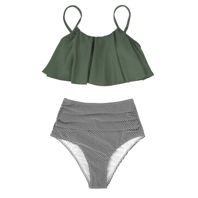 Green and Stripe High Waisted Bikini Set