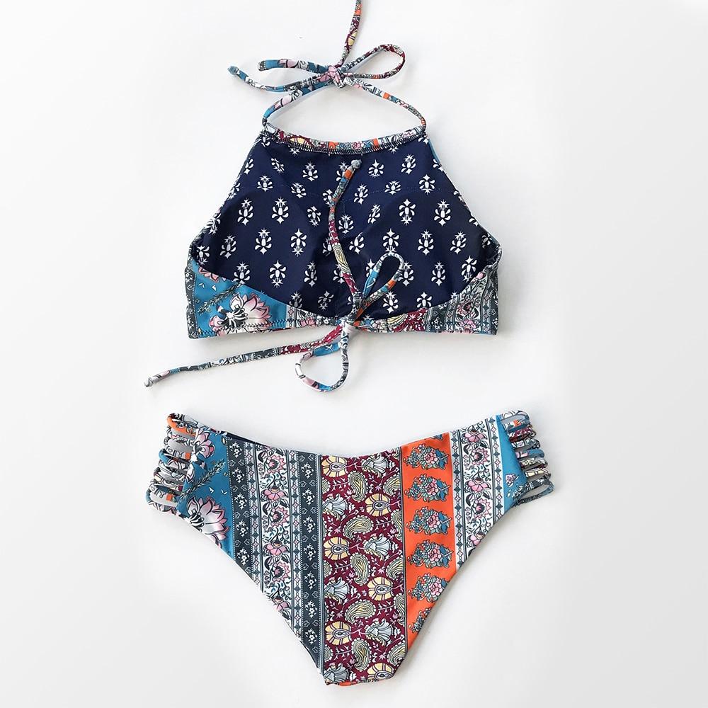 Boho Blue Print Halter Low-waist Bikini Set