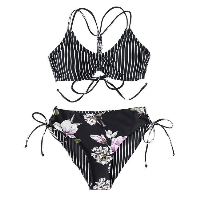 Black Stripe Floral Low Waist Bikini Set