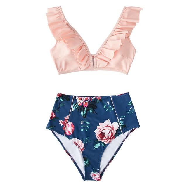 Pink And Blue Floral Ruffled High-Waist Bikini Set