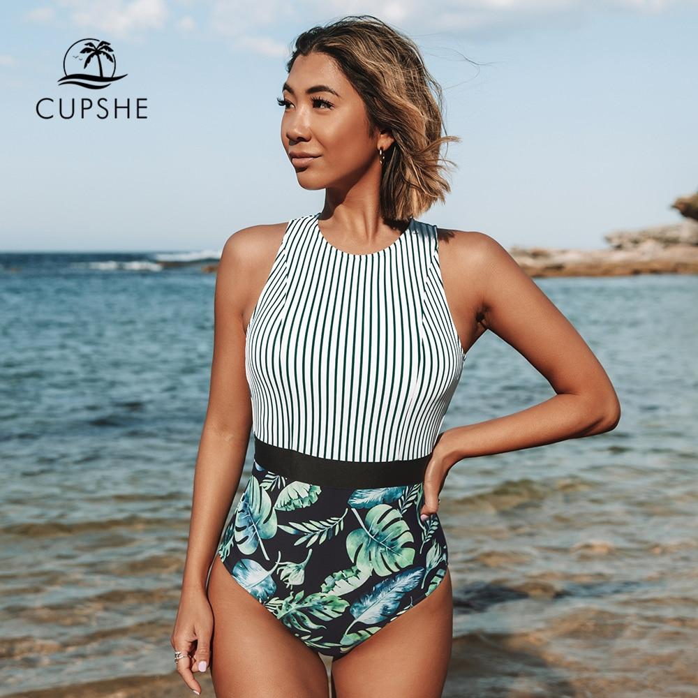 Stripe and Leaf Print Lace Up One-Piece