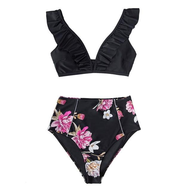 Black Floral Ruffled High-Waist Bikini Set