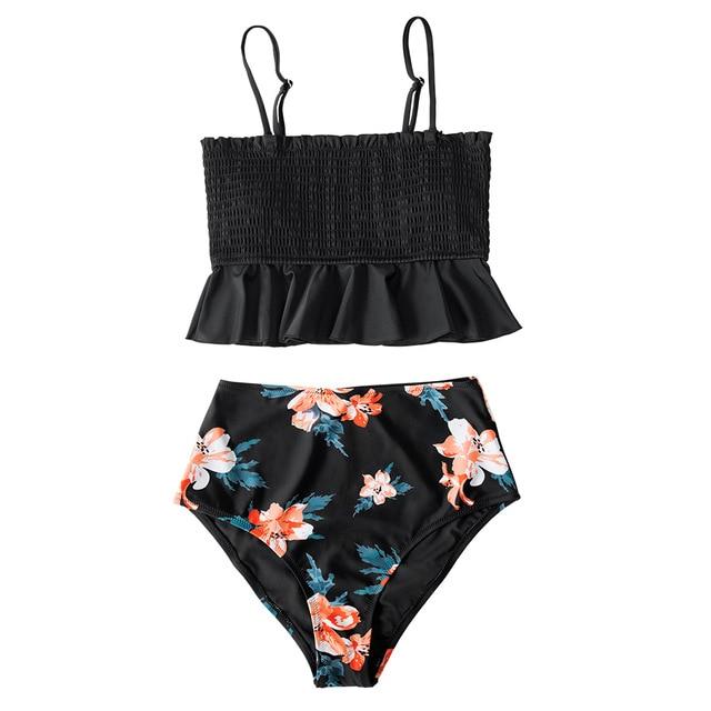 Black Floral Smocked High-Waisted Bikini Set