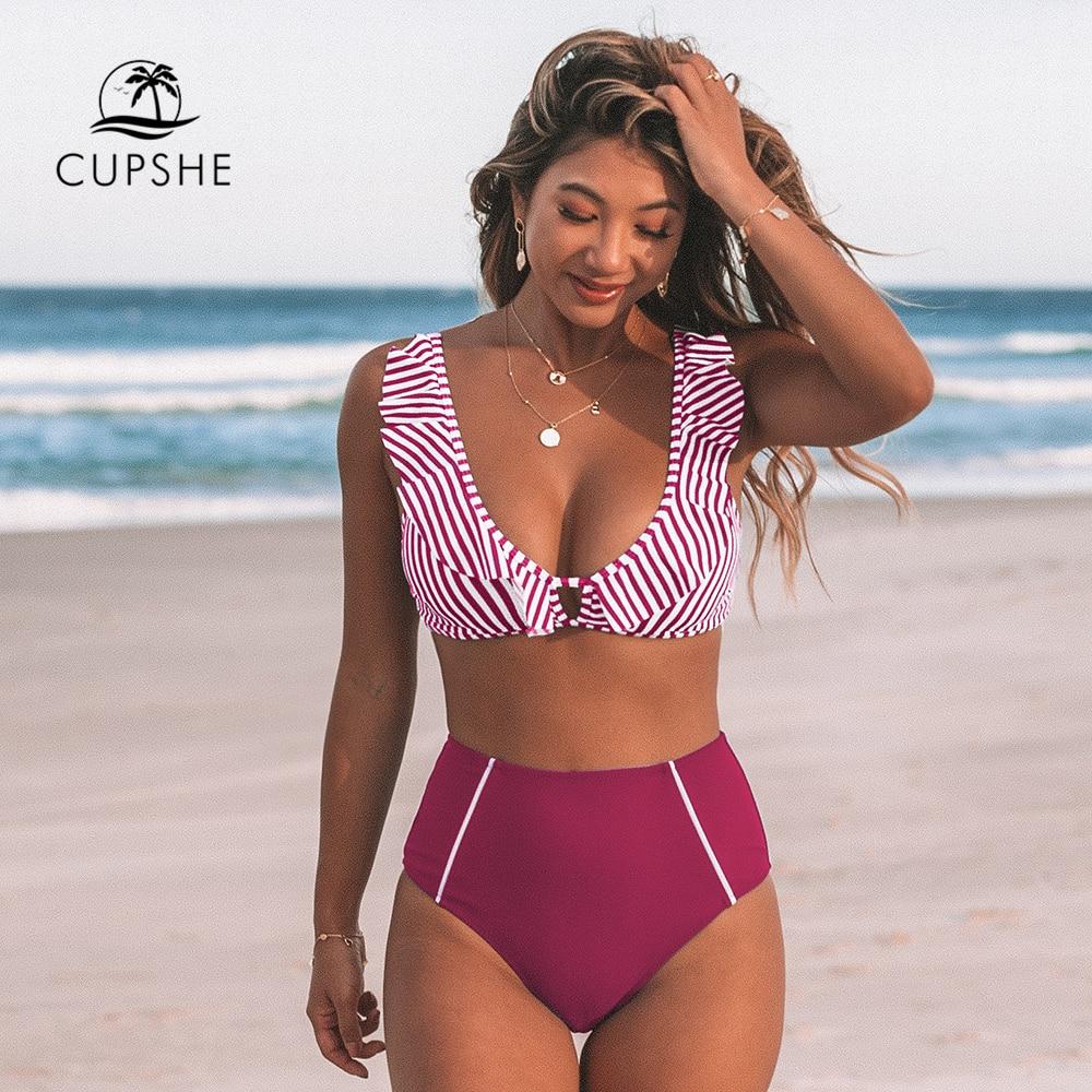 Red Stripe Ruffled High-Waist Bikini Set