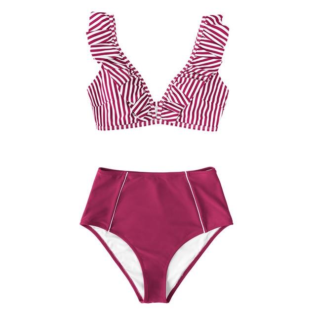 Red Stripe Ruffled High-Waist Bikini Set