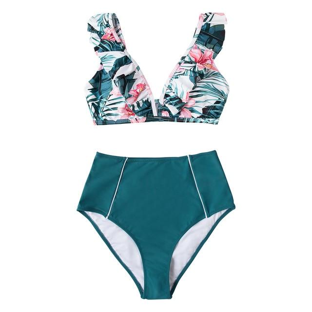 Red Stripe Ruffled High-Waist Bikini Set