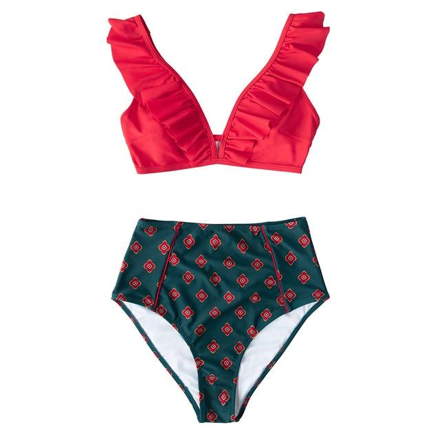 Red Stripe Ruffled High-Waist Bikini Set