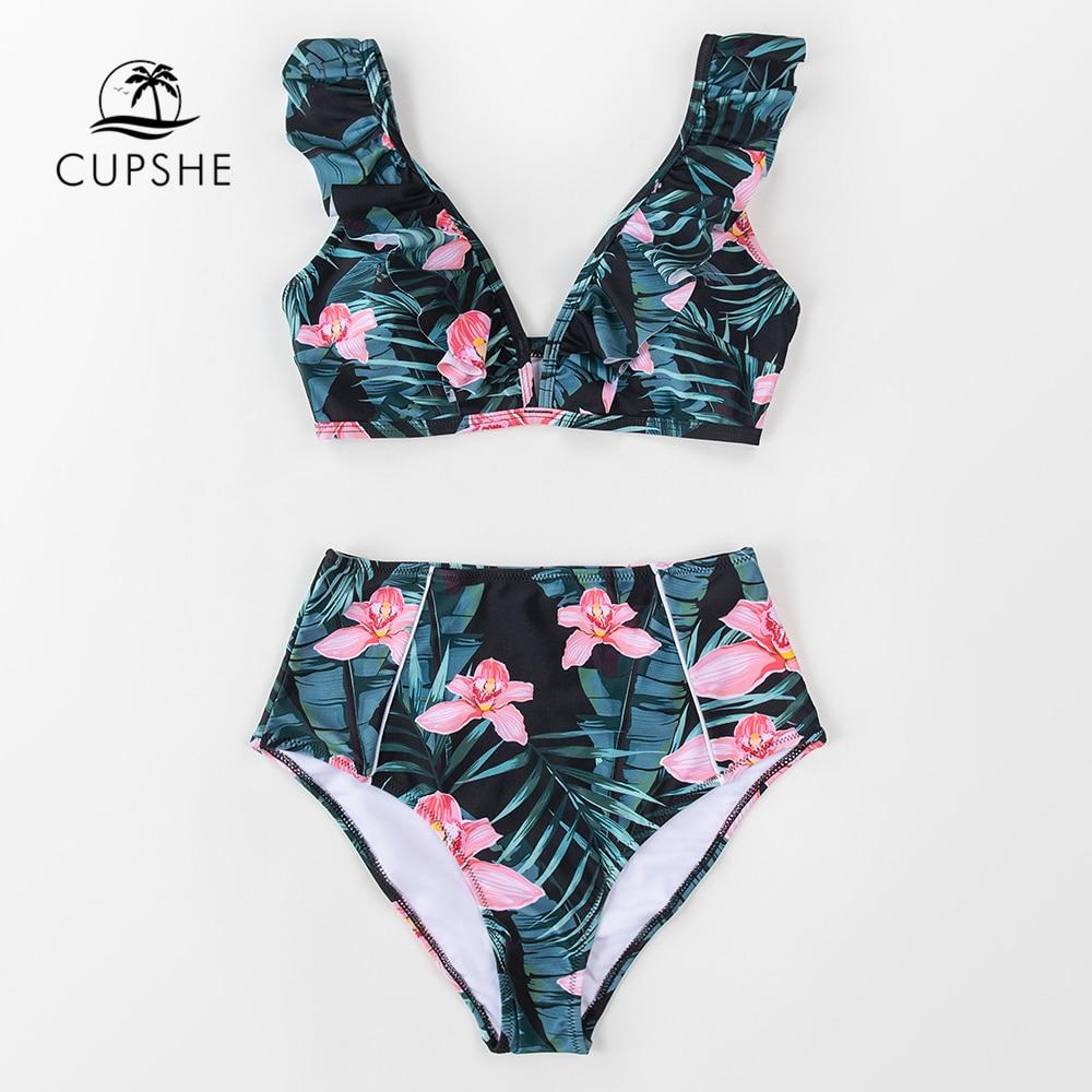 Green Floral Ruffled High-waist Bikini Set