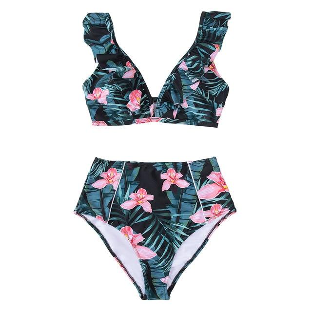 Green Floral Ruffled High-waist Bikini Set