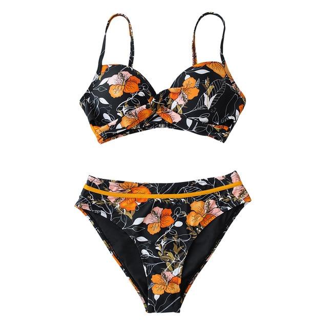 Black Floral Push Up Mid-Waist Bikini Set