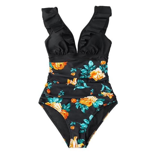 Black Floral V-neck Ruffled One-Piece