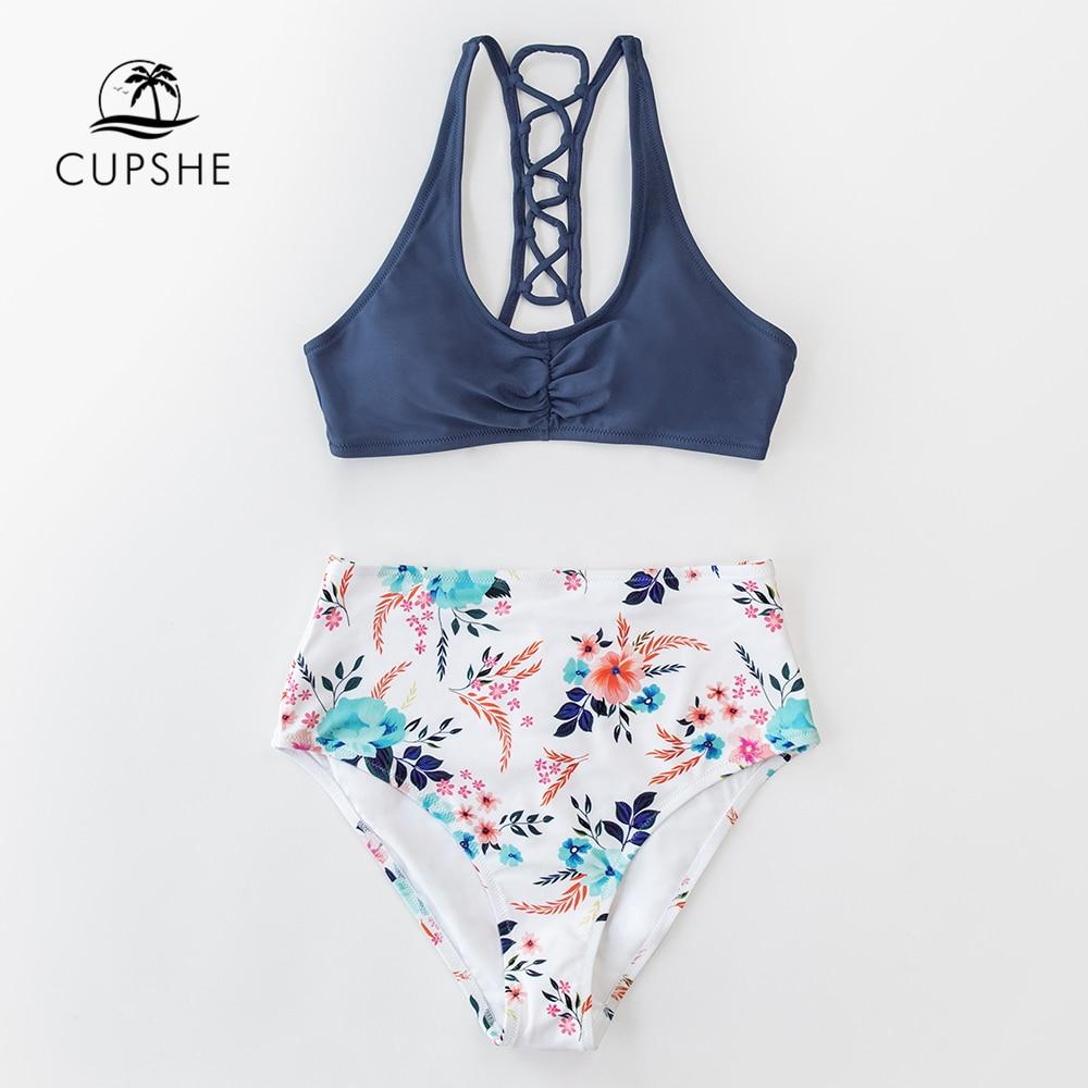 Navy And White Floral High-Waist Bikini Set