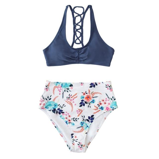 Navy And White Floral High-Waist Bikini Set