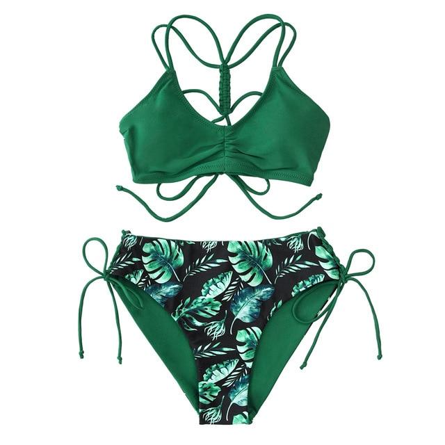 Green Leaf Lace Up Low-Waist Bikini Set