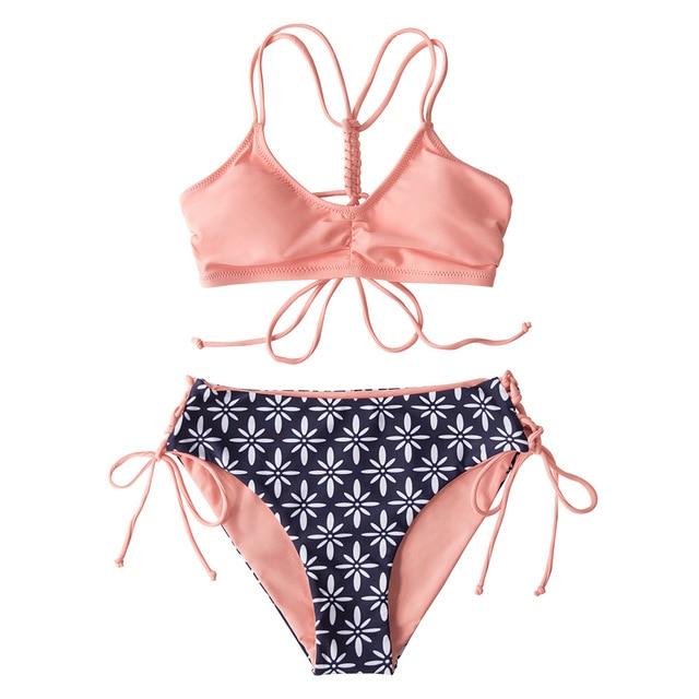 Green Leaf Lace Up Low-Waist Bikini Set