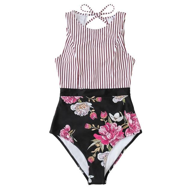 Stripe and Leaf Print Lace Up One-Piece