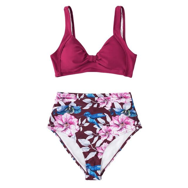 Pink And Green Floral High-waisted Bikini Set
