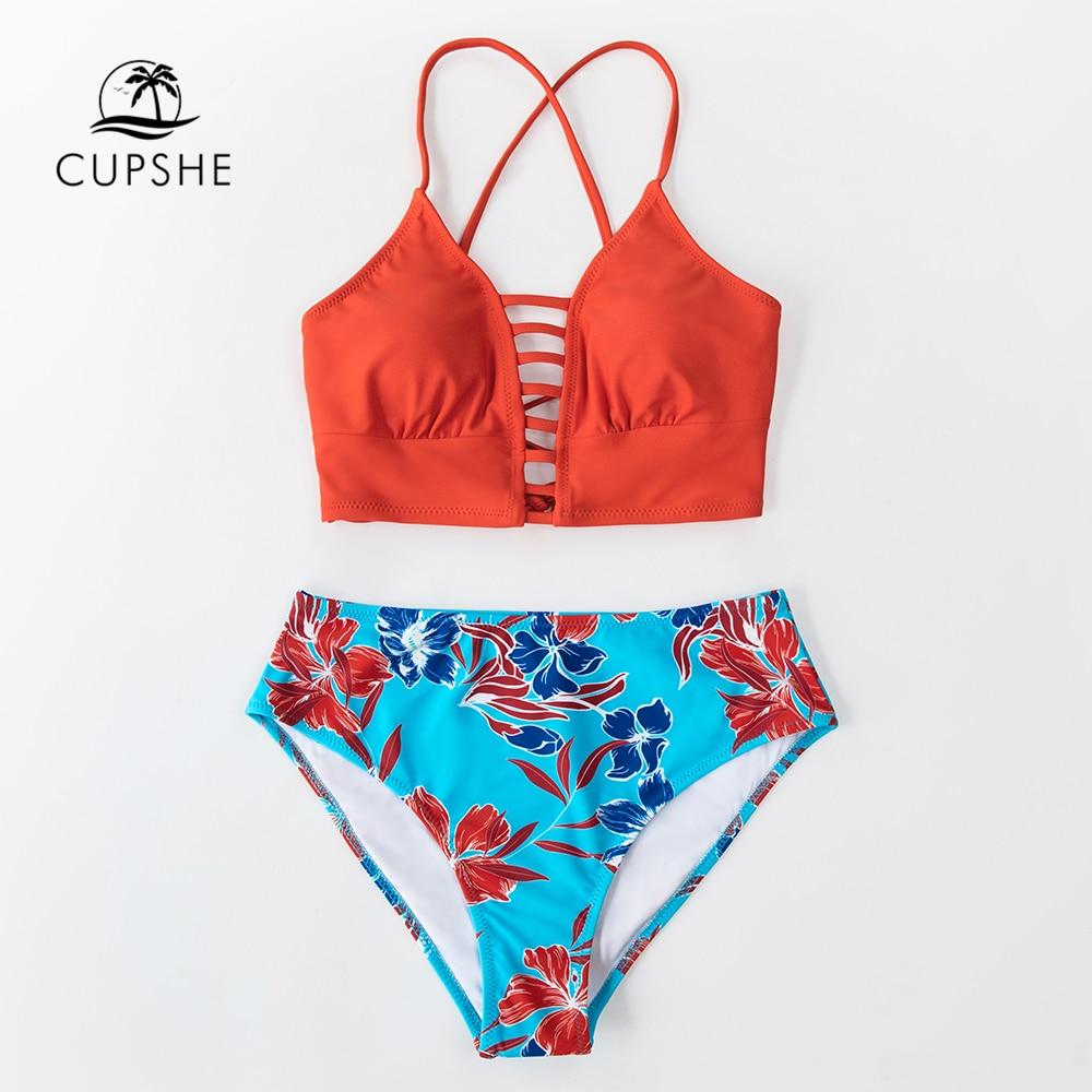 Red And Blue Floral Mid-waist Bikini Set