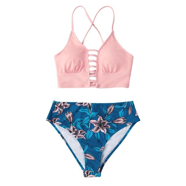 Red And Blue Floral Mid-waist Bikini Set