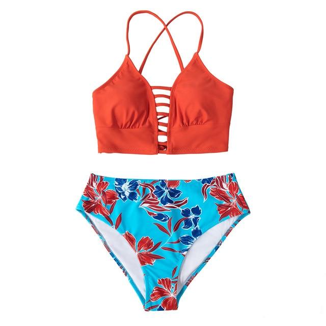 Red And Blue Floral Mid-waist Bikini Set