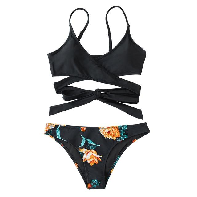 Blue Leaves Print Lace Up Low-waist Bikini Set