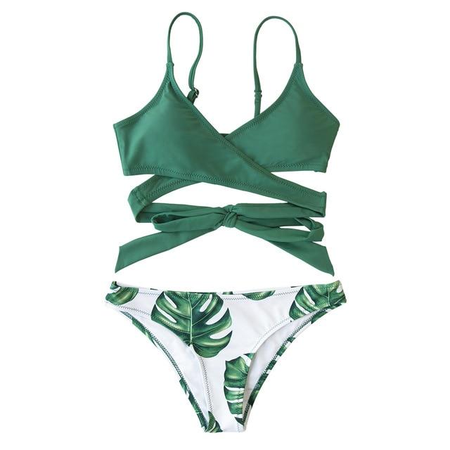 Blue Leaves Print Lace Up Low-waist Bikini Set