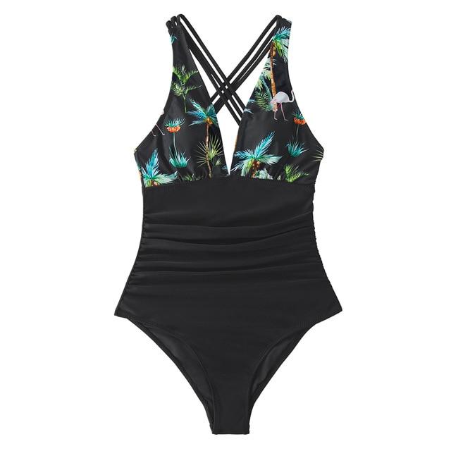 Black Print V-neck One-Piece Swimsuit