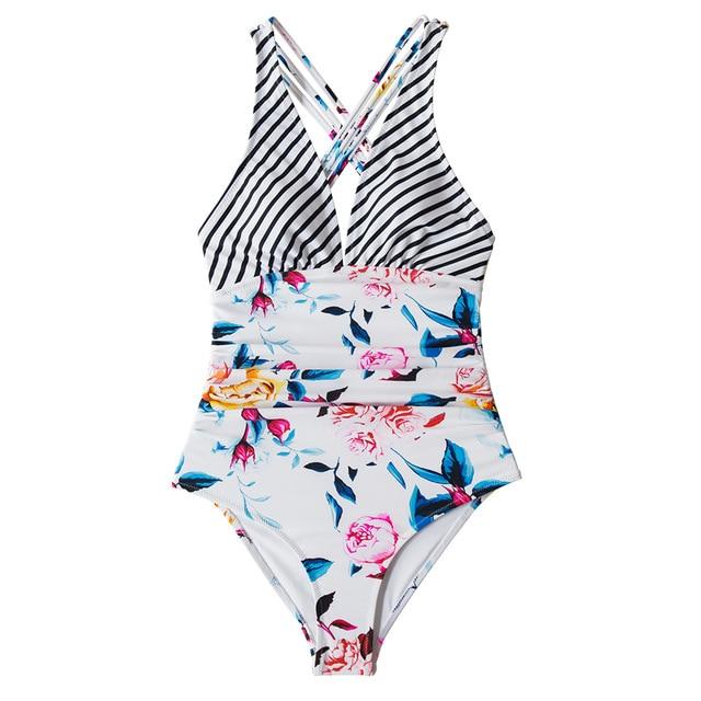 Black Print V-neck One-Piece Swimsuit