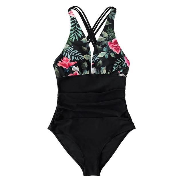 Black Print V-neck One-Piece Swimsuit