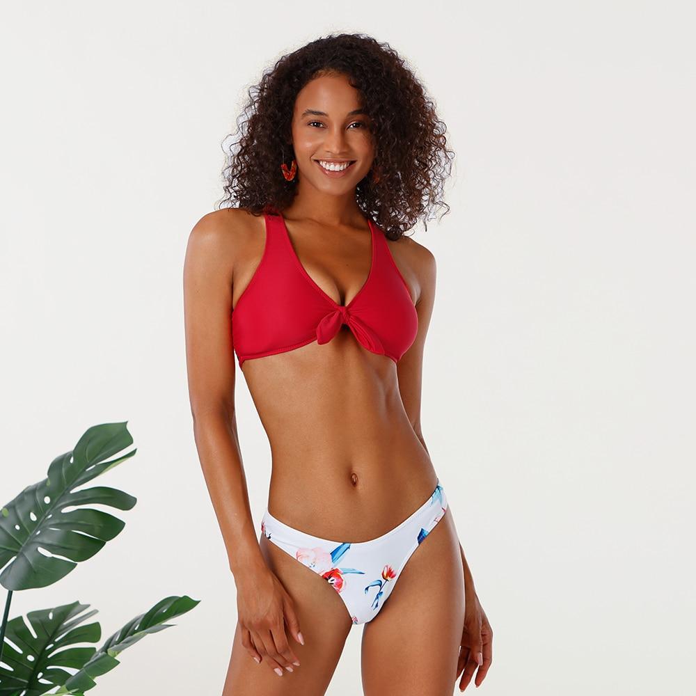 Red Knotted Floral Low Waist Bikini Set