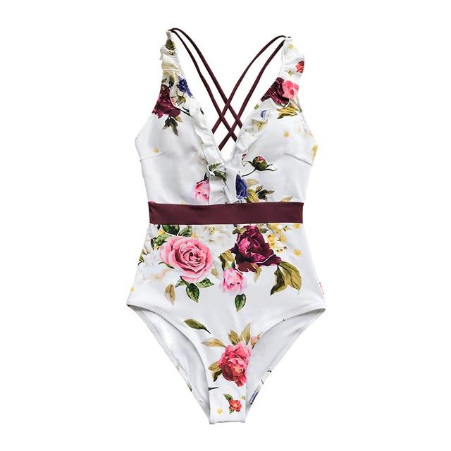 White Floral Ruffled V-neck One-Piece