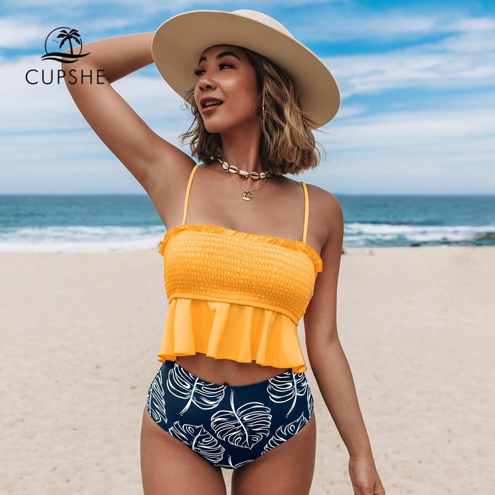 Smocked Orange Monstera High-Waist Bikini Set